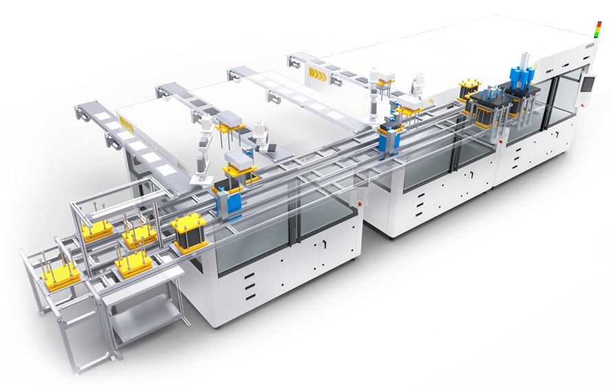 Assembly and inspection lines for the automated production of mechatronic components (sensors, actuators, stacks, power electronics, etc.)